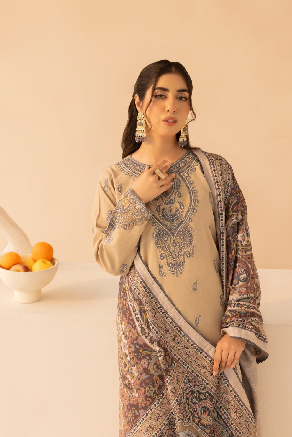 RARE.-3PC LAWN EMBROIDERED SHIRT WITH MONARK PRINT DUPATTA AND TROUSER-3641