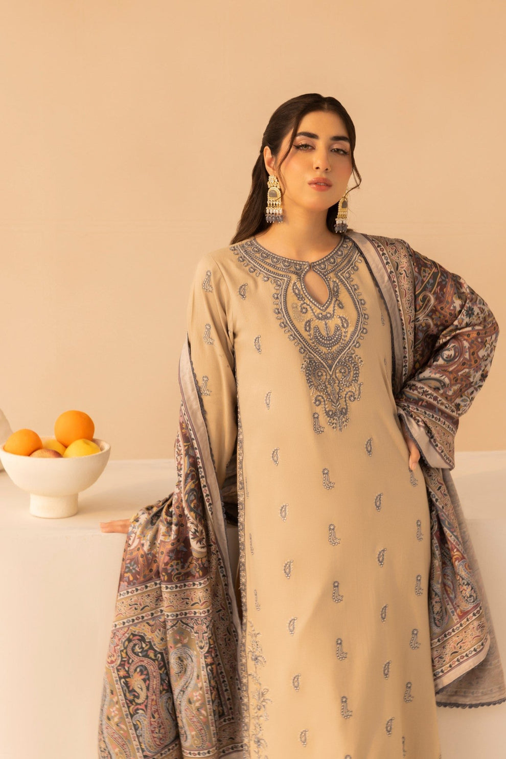 RARE.-3PC LAWN EMBROIDERED SHIRT WITH MONARK PRINT DUPATTA AND TROUSER-3641