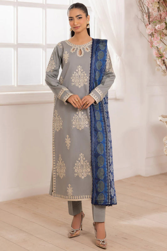 RARE-3PC LAWN EMBROIDERED SHIRT WITH MONARK PRINTED DUPATTA AND TROUSER-3741