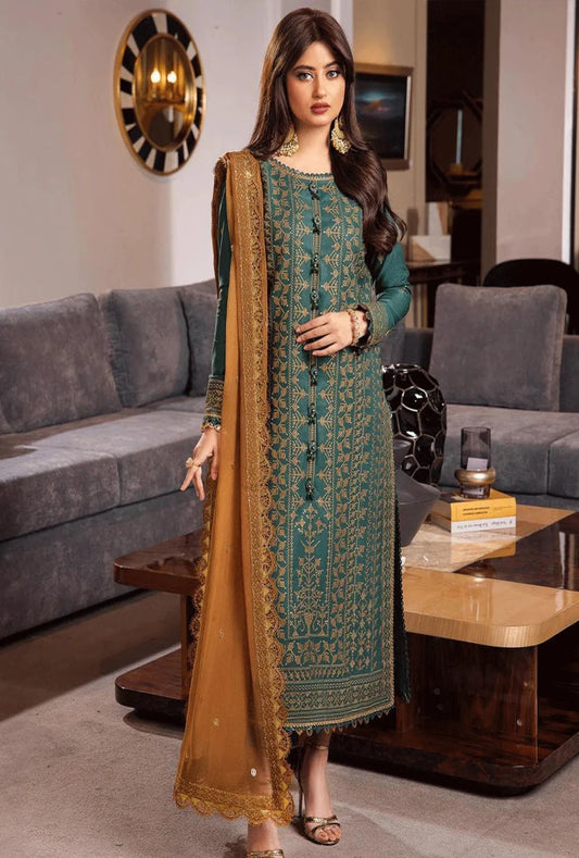 RARE-3PC DHANAK EMBROIDERED WITH BAMBER CHIFFON EMBROIDERED DUPATTA-3147