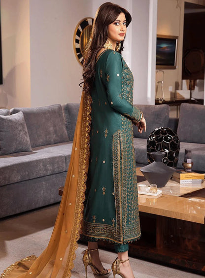 RARE-3PC DHANAK EMBROIDERED WITH BAMBER CHIFFON EMBROIDERED DUPATTA-3147