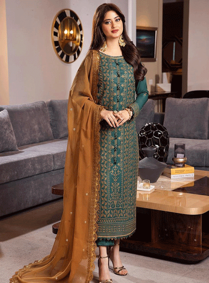 RARE-3PC LAWN EMBROIDERED WITH BAMBER CHIFFON EMBROIDERED DUPATTA-3585