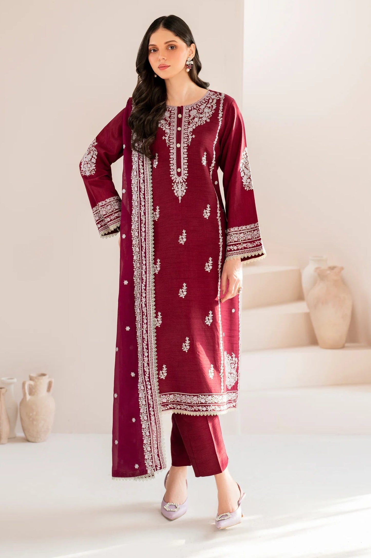 RARE-3PC LAWN EMBROIDERED SHIRT WITH CHIFFON EMBROIDERED DUPATTA AND TROUSER-3554