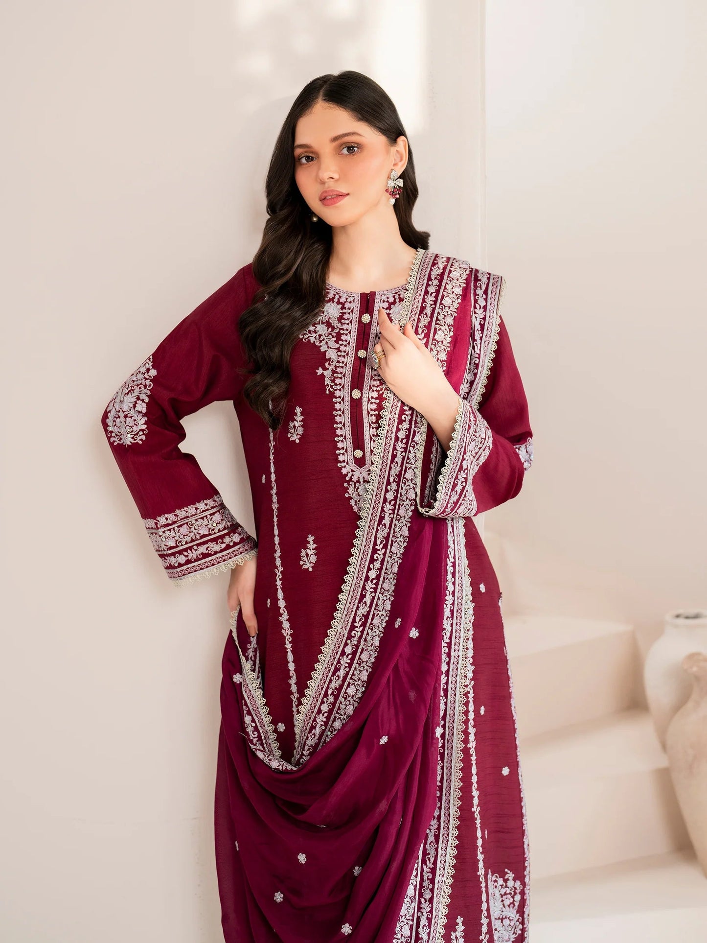 RARE-3PC LAWN EMBROIDERED SHIRT WITH CHIFFON EMBROIDERED DUPATTA AND TROUSER-3554