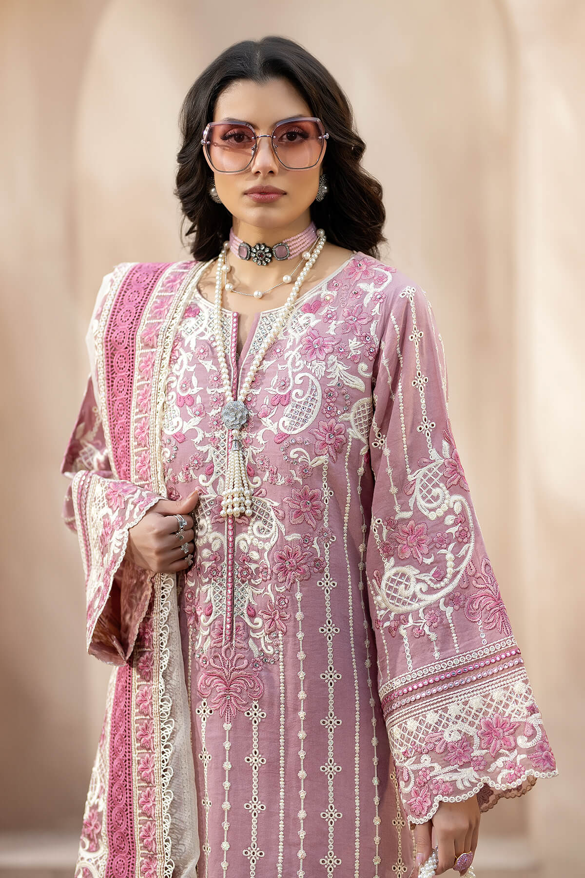 RARE-3PC CHIKANKAARI LAWN CUTWORK EMBROIDERED SHIRT WITH NET EMBROIDERED CUTWORK DUPATTA AND TROUSER-3599