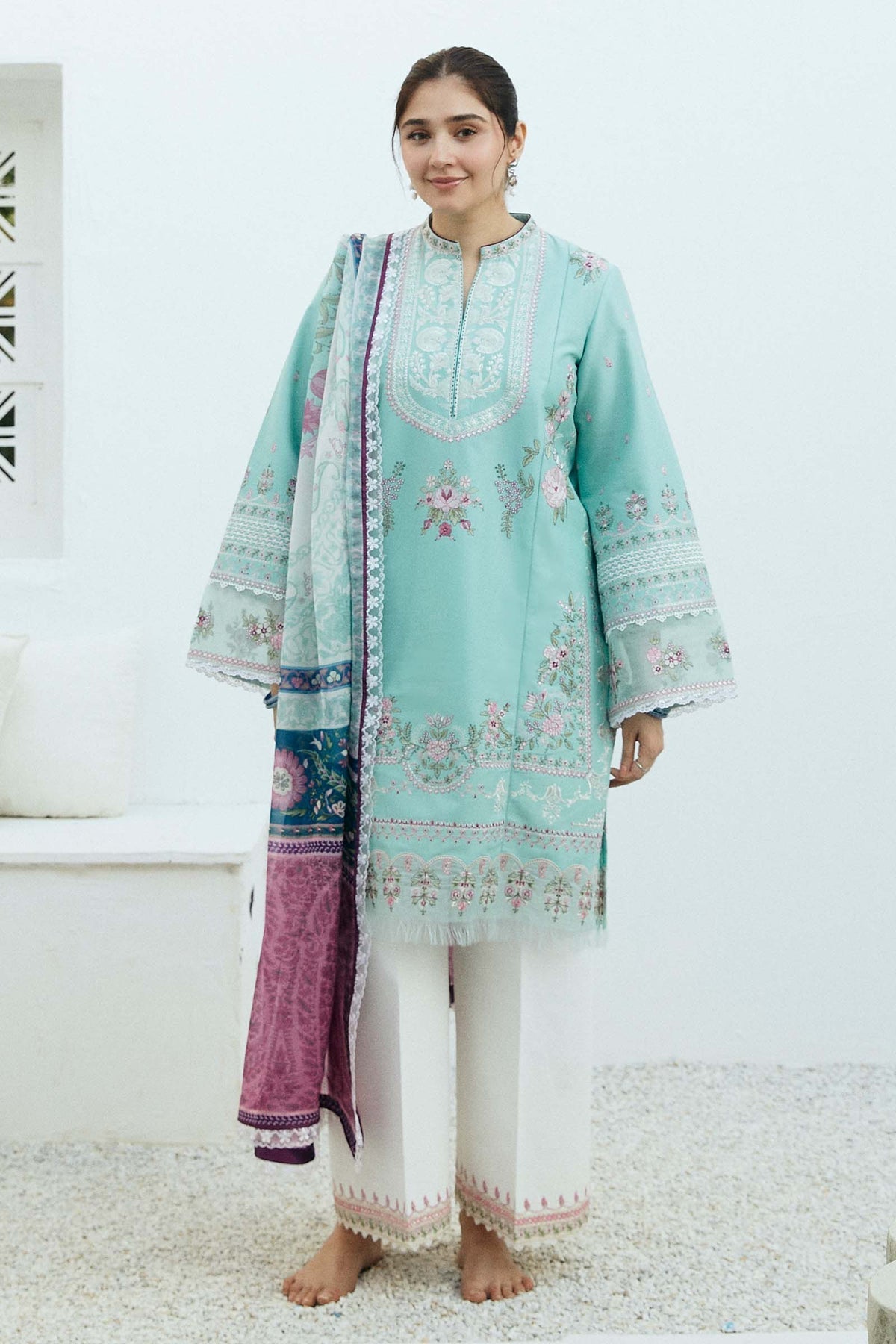 RARE- 3PC LAWN EMBROIDERED SHIRT WITH MONARK PRINT DUPATTA-3640