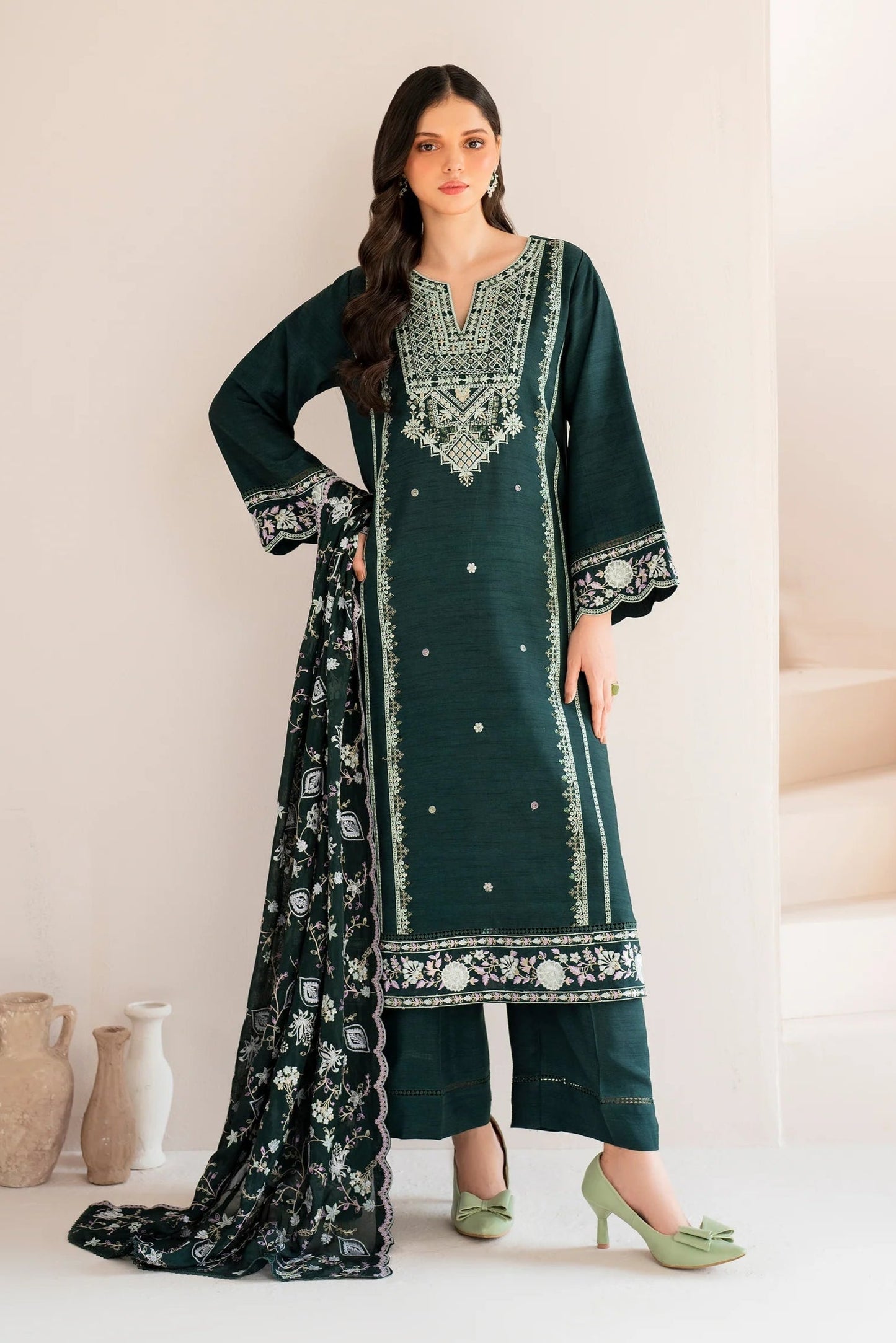 RARE-3PC LAWN EMBROIDERED SHIRT WITH LAWN EMBROIDERED DUPATTA AND TROUSER-3595