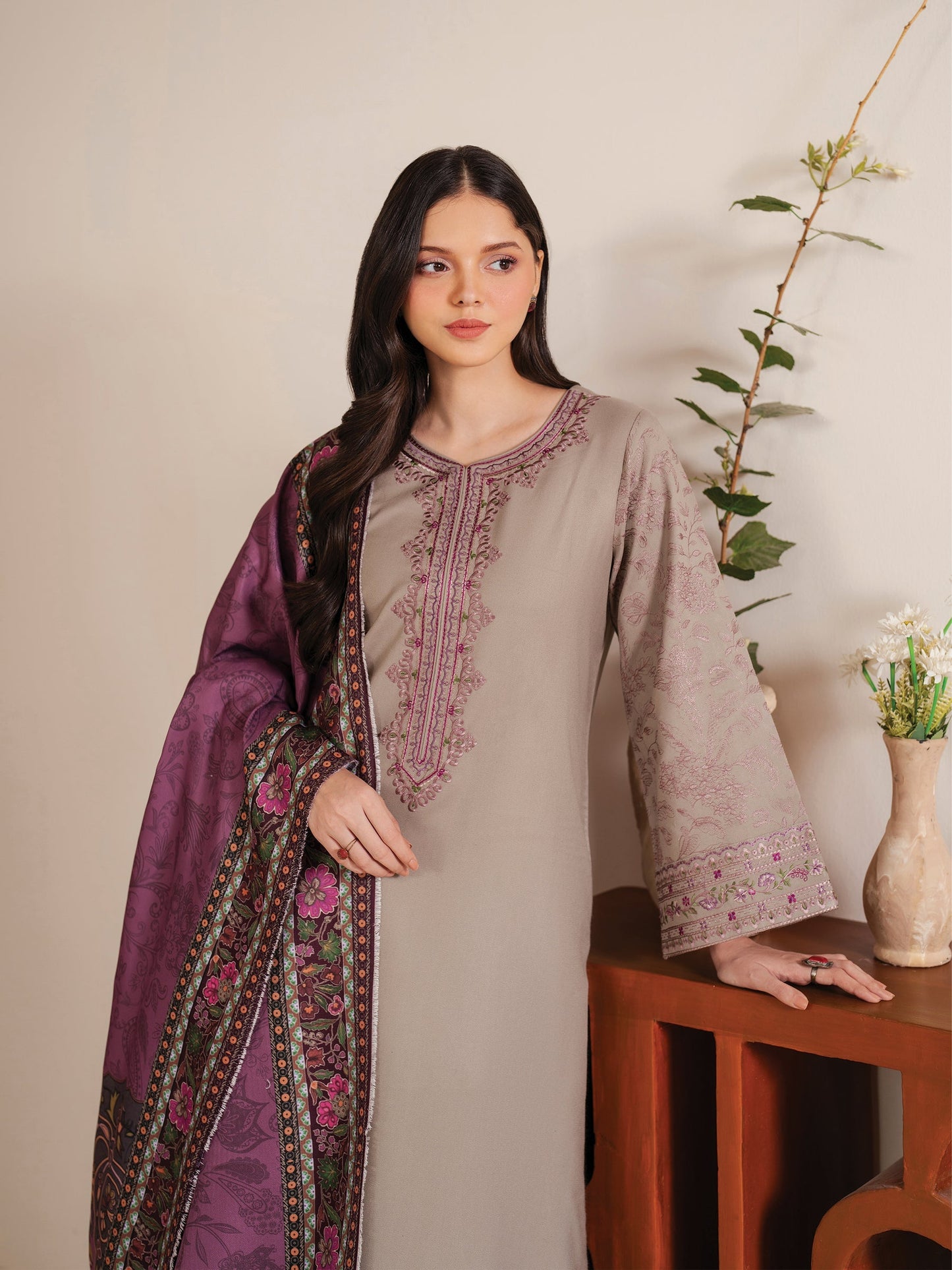 RARE-3PC LAWN EMBROIDERED SHIRT WITH MONARK PRINT DUPATTA AND TROUSER-3538