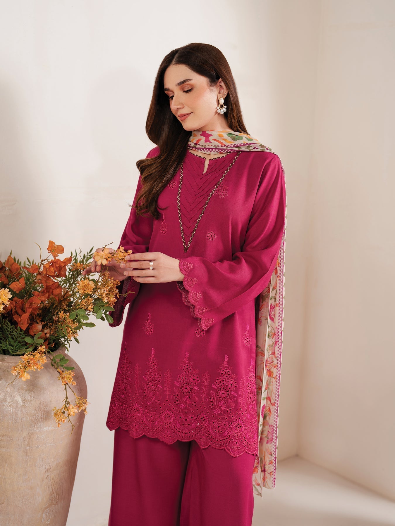 RARE-3PC LAWN EMBROIDERED SHIRT WITH MONARK PRINT DUPATTA AND EMB TROUSER-3660