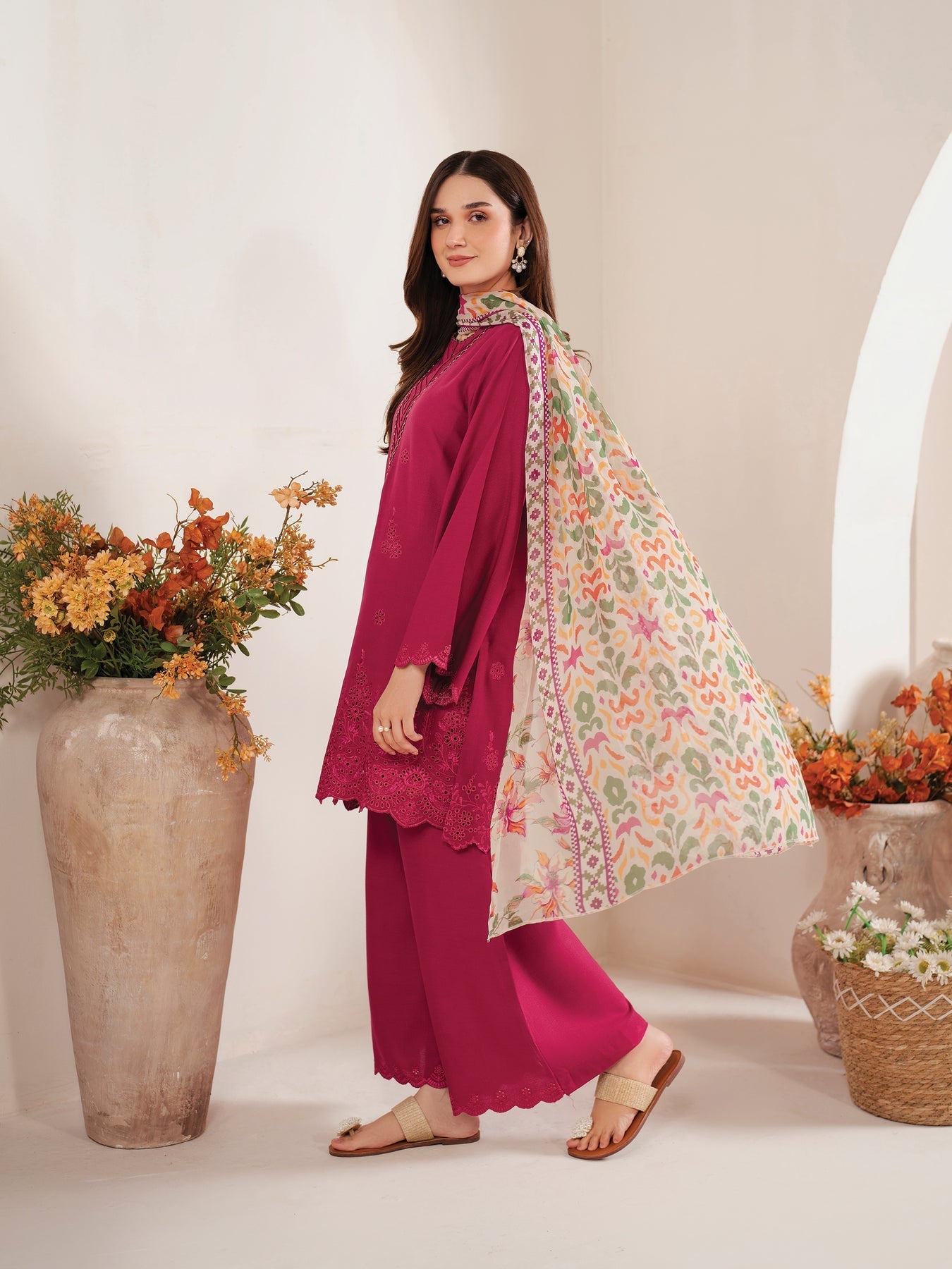 RARE-3PC LAWN EMBROIDERED SHIRT WITH MONARK PRINT DUPATTA AND EMB TROUSER-3660