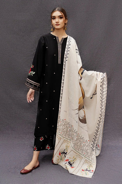 RARE- 3PC LAWN EMBROIDERED SHIRT WITH MONARK PRINT DUPATTA AND TROUSER-3516