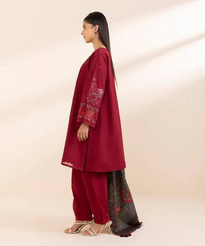 RARE-3PC KHADAR EMBROIDERED SHIRT WITH WOOL PRINT SHAWL & TROUSER-3394