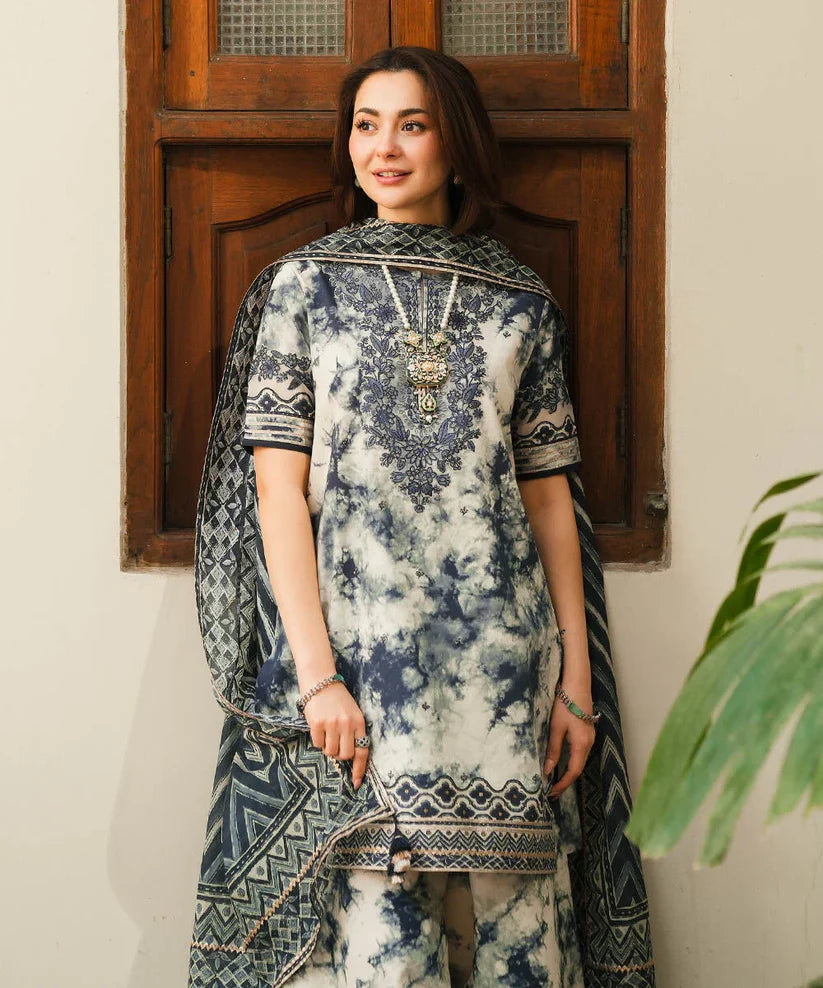 RARE-3PC LAWN EMBROIDERED PRINTED SHIRT WITH CHIFFON PRINT DUPATTA AND PRINT TROUSER