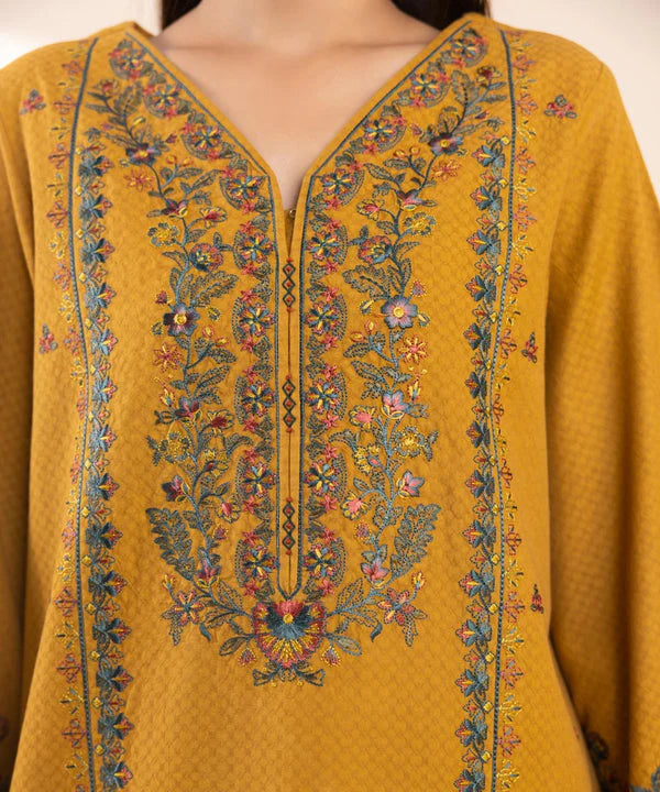 RARE_ 3PC DHANAK EMBROIDERED SHIRT WITH DHANAK EMBROIDERED SHAWL AND TROUSER-3374