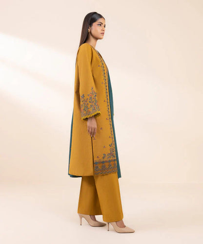 RARE_ 3PC DHANAK EMBROIDERED SHIRT WITH DHANAK EMBROIDERED SHAWL AND TROUSER-3374