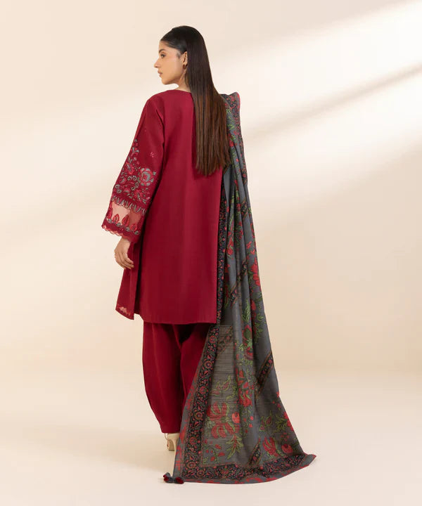 RARE-3PC KHADAR EMBROIDERED SHIRT WITH WOOL PRINT SHAWL & TROUSER-3394