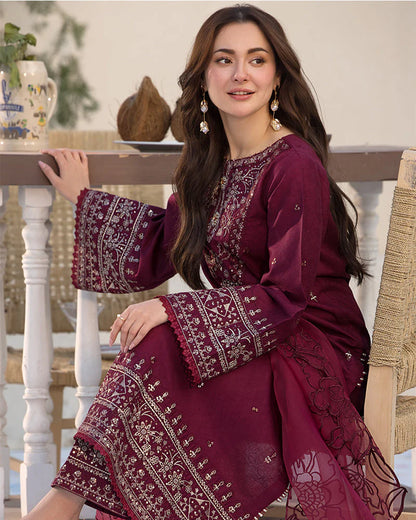 RARE-3PC LAWN EMBROIDERED SHIRT WITH ORGANZA EMBROIDERED DUAPATTA AND TROUSER-3727