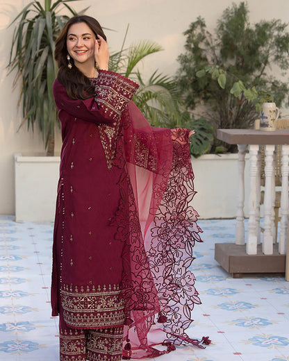 RARE-3PC LAWN EMBROIDERED SHIRT WITH ORGANZA EMBROIDERED DUAPATTA AND TROUSER-3727