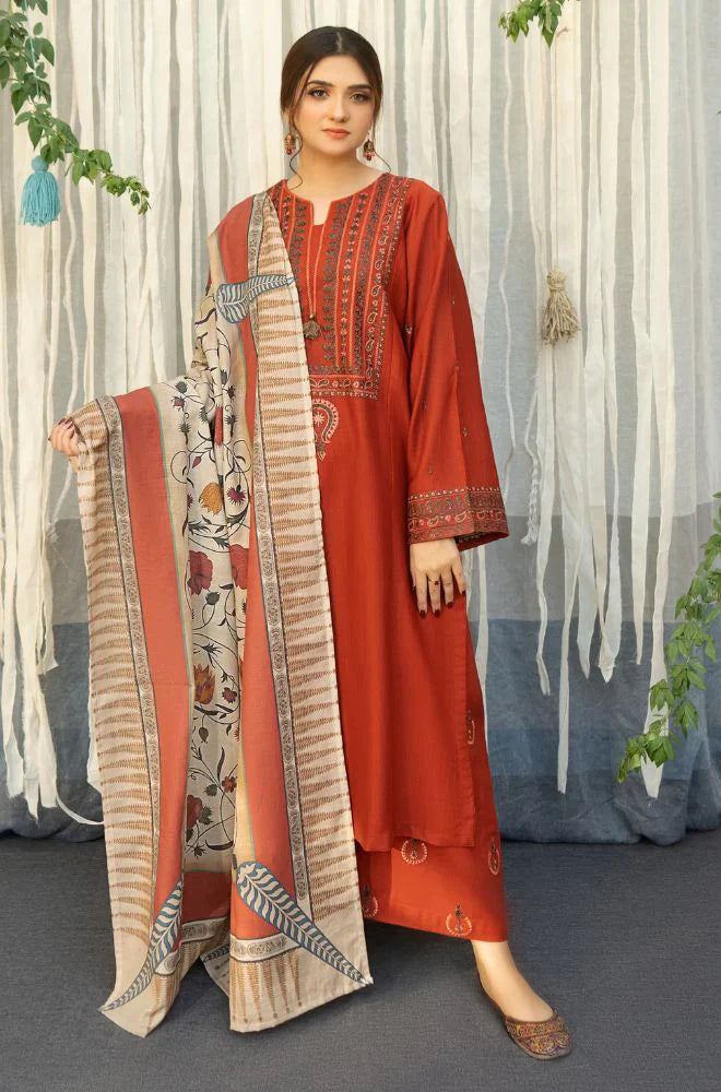 RARE - 3PC DHANAK EMBROIDERED SHIRT WITH COUTURE WOOL PRINT SHAWL AND TROUSER-2692