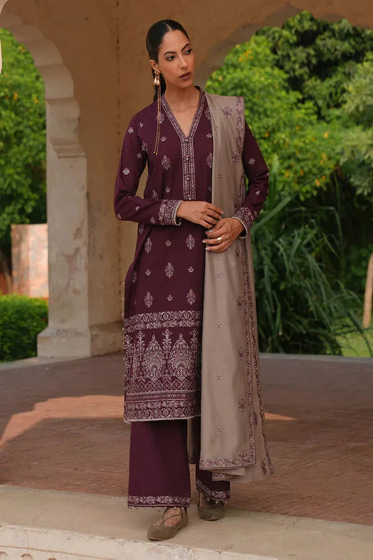 RARE-3PC DHANAK EMBROIDERED SHIRT DHANAK EMBROIDERED SHAWL AND TROUSER-3333