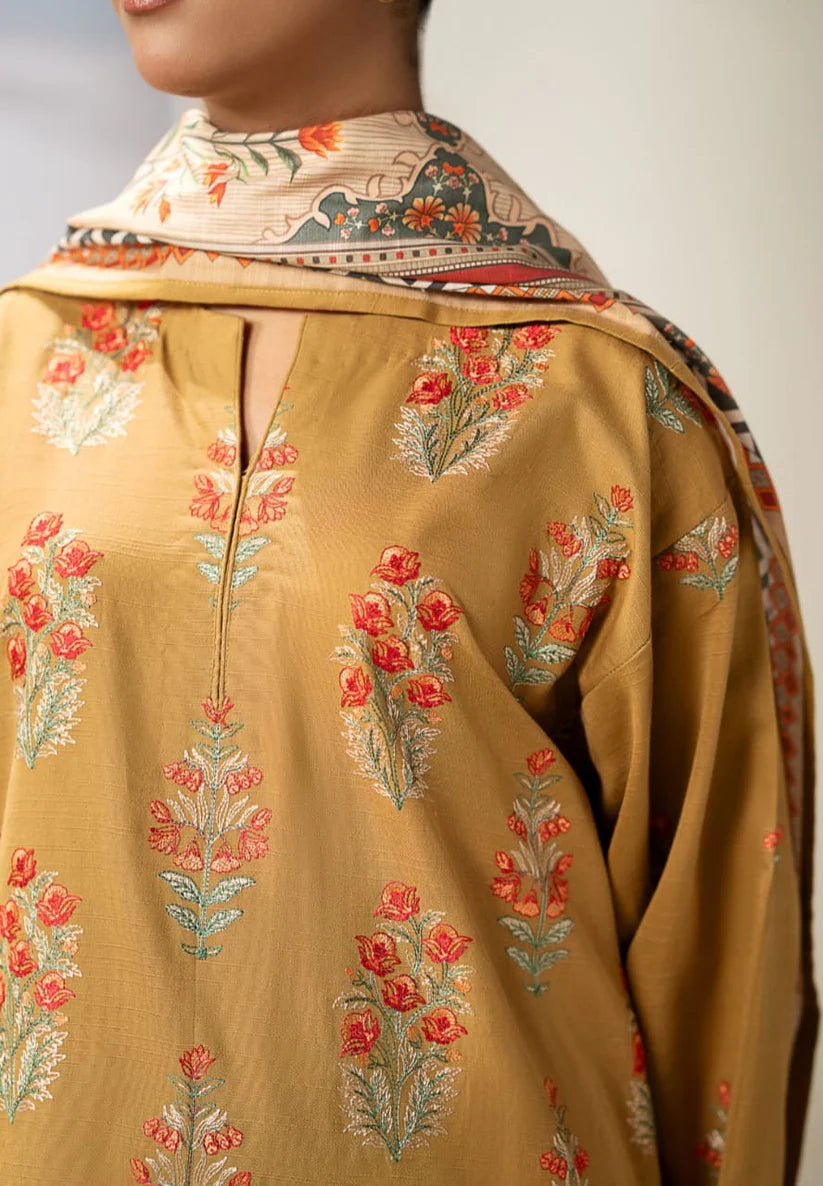 RARE 3PC Dhanak Embroidered Shirt With Dhanak Twil Print Wool Shawl & Trouser-3355