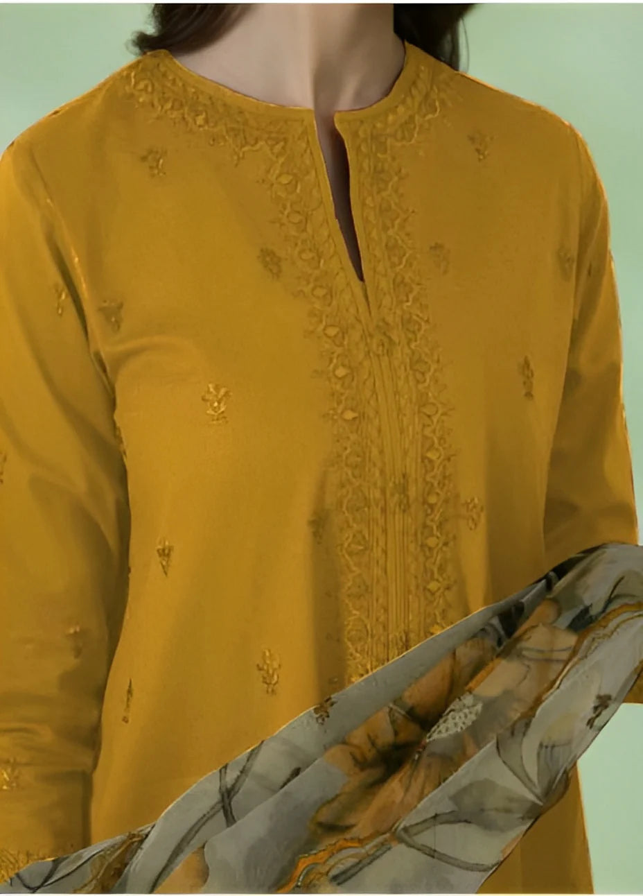 RARE - 3PC LAWN EMBROIDERED SHIRT WITH MONARK PRINT DUPATTA-3526-MASTARD