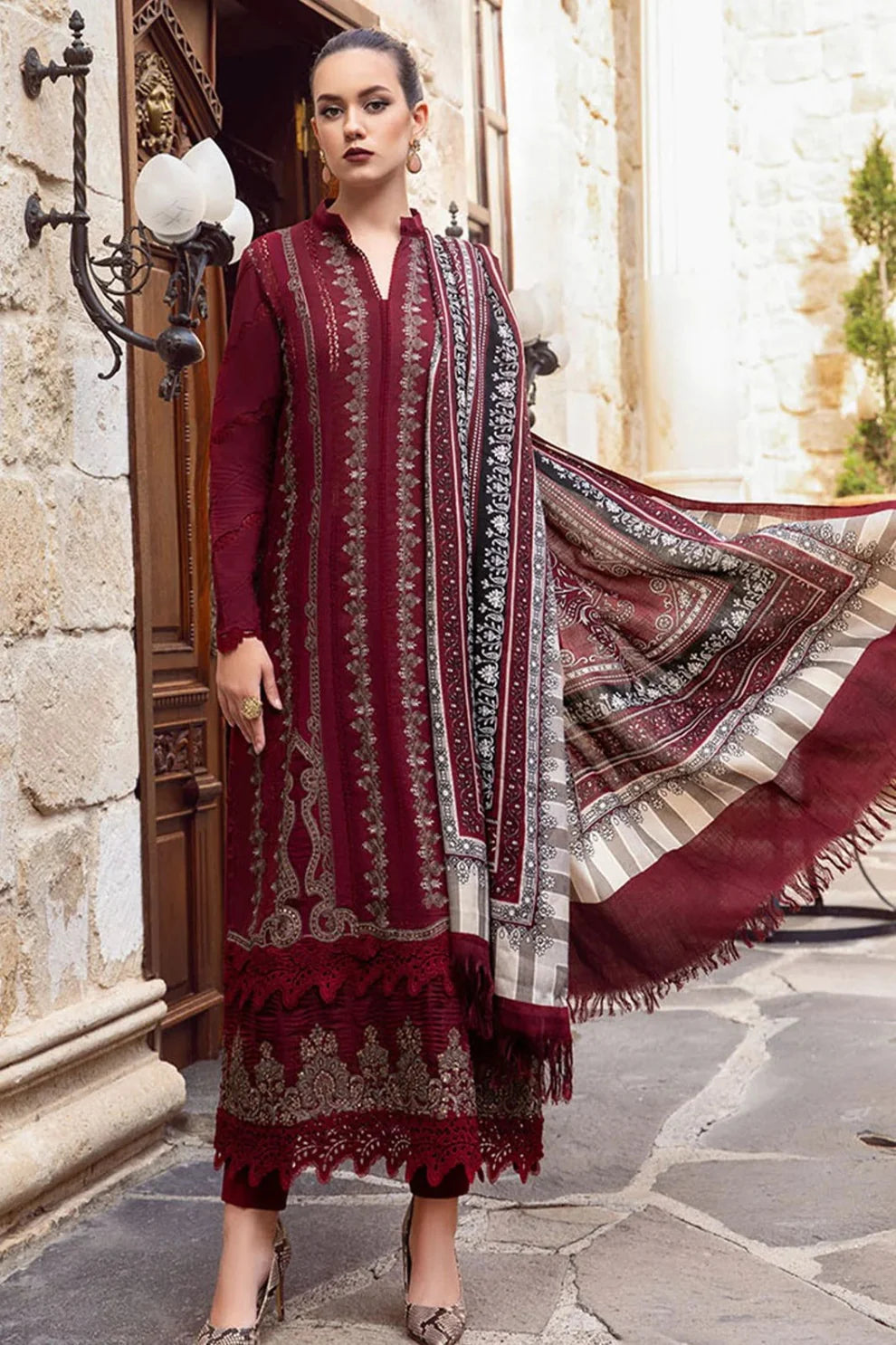 RARE- 3PC DHANAK EMBROIDERED SHIRT WITH COUTURE WOOL PRINT SHAWL AND DHANAK TROUSER-3110