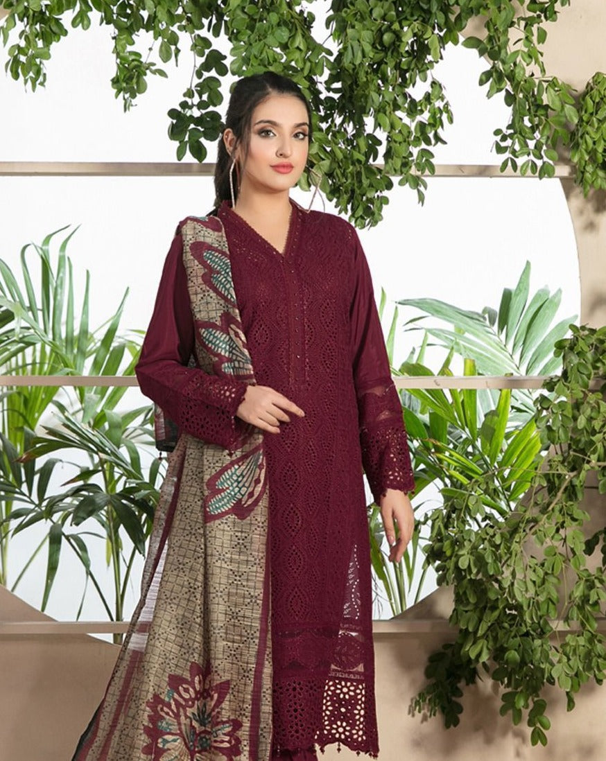 RARE-3PC CHIKENKARI LAWN EMBROIDERED SHIRT WITH MONARK PRINT DUPATTA & TROUSER-4052 MEHROON