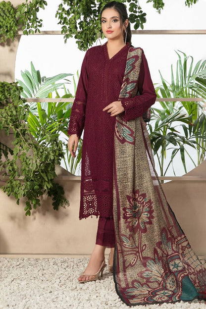 RARE-3PC CHIKENKARI LAWN EMBROIDERED SHIRT WITH MONARK PRINT DUPATTA & TROUSER-4052 MEHROON