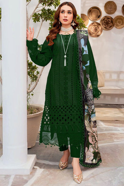 RARE-3PC CHIKENKARI LAWN EMBROIDERED WITH MONARK PRINT DUPATTA & TROUSER-4054.MUNGIYA