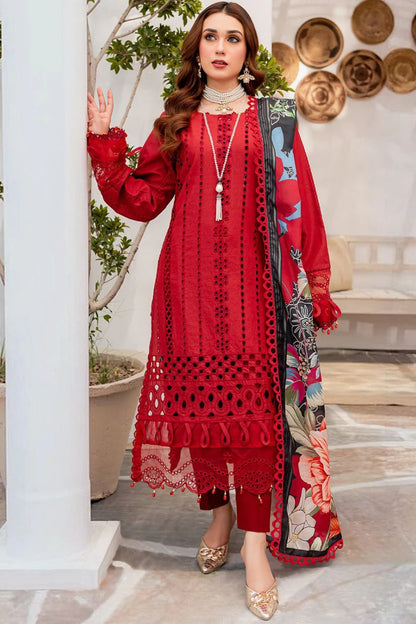 RARE- 3PC CHIKENKARI LAWN EMBROIDERED WITH MONARK PRINT DUPATTA -RED