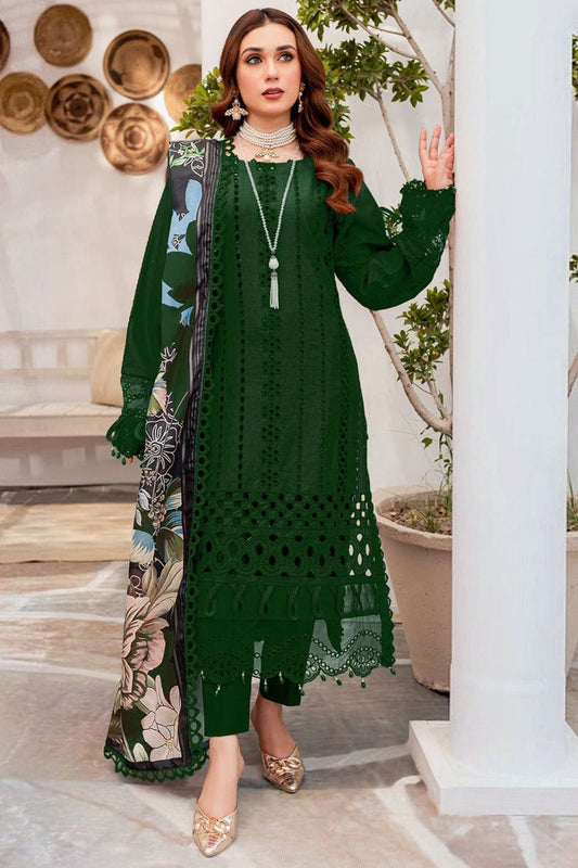 RARE-3PC CHIKENKARI LAWN EMBROIDERED WITH MONARK PRINT DUPATTA & TROUSER-4054.MUNGIYA