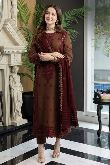 RARE-3PC LAWN EMBROIDERED SHIRT WITH BAMBER CHIFFON EMBROIDERED DUPATTA AND TROUSER-3647