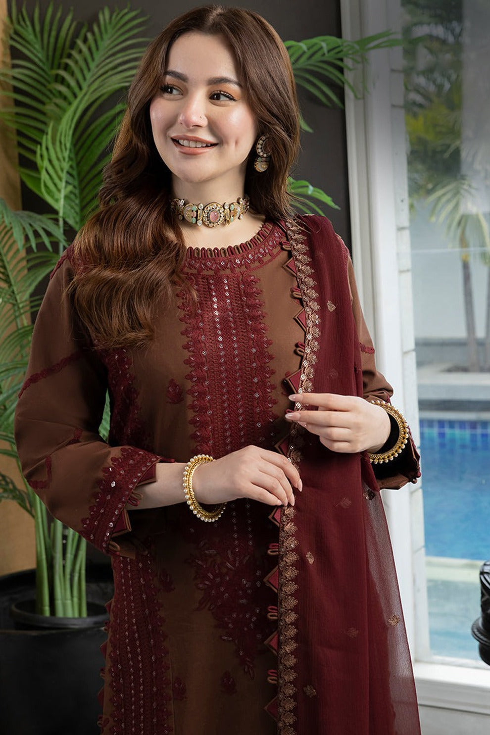 RARE-3PC LAWN EMBROIDERED SHIRT WITH BAMBER CHIFFON EMBROIDERED DUPATTA AND TROUSER-3647