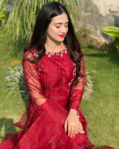 RARE- ORGANZA HEAVY EMBROIDERED SHIRT WITH ORGANZA EMBROIDERED DUPATTA AND LAWN INNER -RED