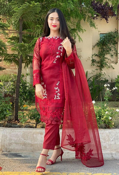 RARE- ORGANZA HEAVY EMBROIDERED SHIRT WITH ORGANZA EMBROIDERED DUPATTA AND LAWN INNER -RED