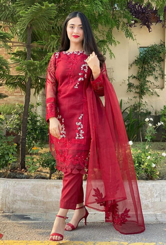 RARE- ORGANZA HEAVY EMBROIDERED SHIRT WITH ORGANZA EMBROIDERED DUPATTA AND LAWN INNER -RED