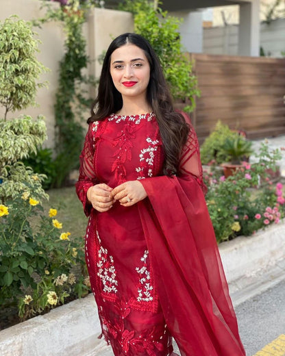 RARE- ORGANZA HEAVY EMBROIDERED SHIRT WITH ORGANZA EMBROIDERED DUPATTA AND LAWN INNER -RED
