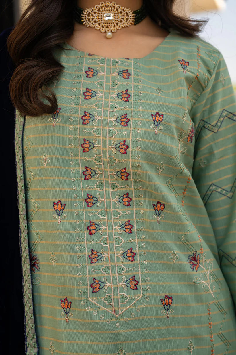 RARE-3PC KHADDAR EMBROIDERED SHIRT WITH VELVET EMBROIDERED READY TO WEAR SHAWL-1525