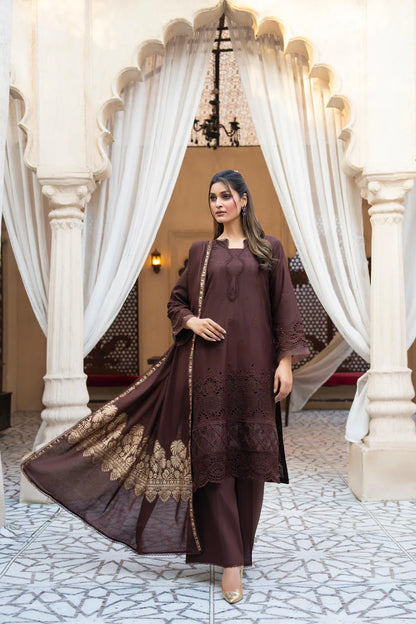 RARE-3PC LAWN CHIKENKARI EMBROIDERED SHIRT WITH LAWN JACQUARD PRINT DUPATTA -5500