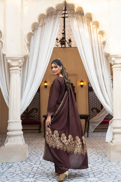 RARE-3PC LAWN CHIKENKARI EMBROIDERED SHIRT WITH LAWN JACQUARD PRINT DUPATTA -5500