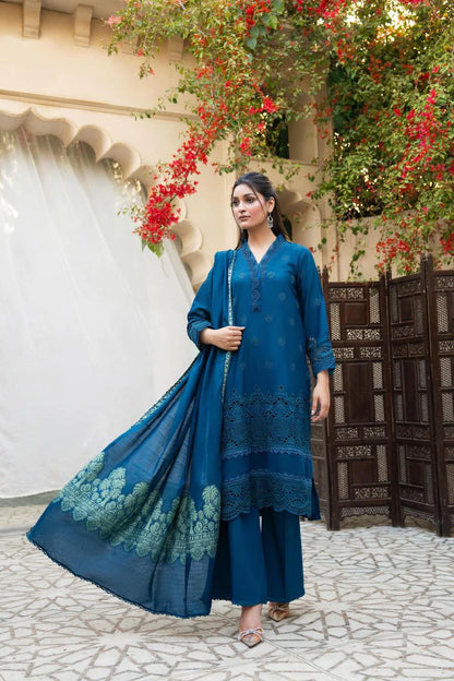 RARE-3PC LAWN CHIKENKARI EMBROIDERED SHIRT WITH LAWN JACQUARD PRINT DUPATTA-5600