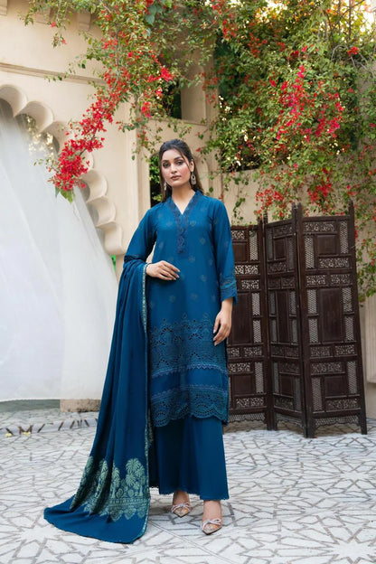 RARE-3PC LAWN CHIKENKARI EMBROIDERED SHIRT WITH LAWN JACQUARD PRINT DUPATTA-5600