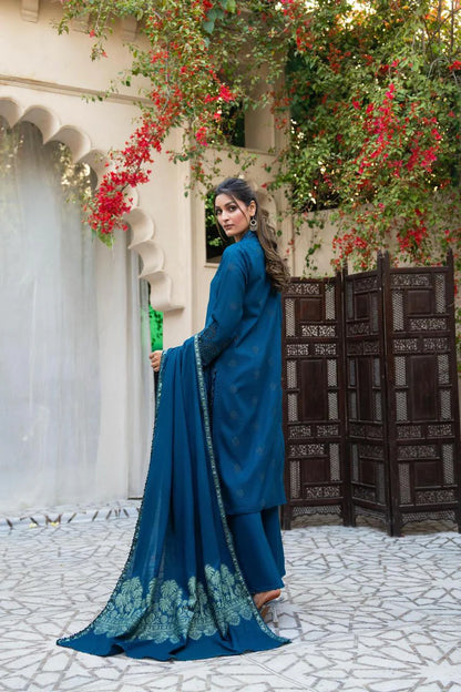 RARE-3PC LAWN CHIKENKARI EMBROIDERED SHIRT WITH LAWN JACQUARD PRINT DUPATTA-5600