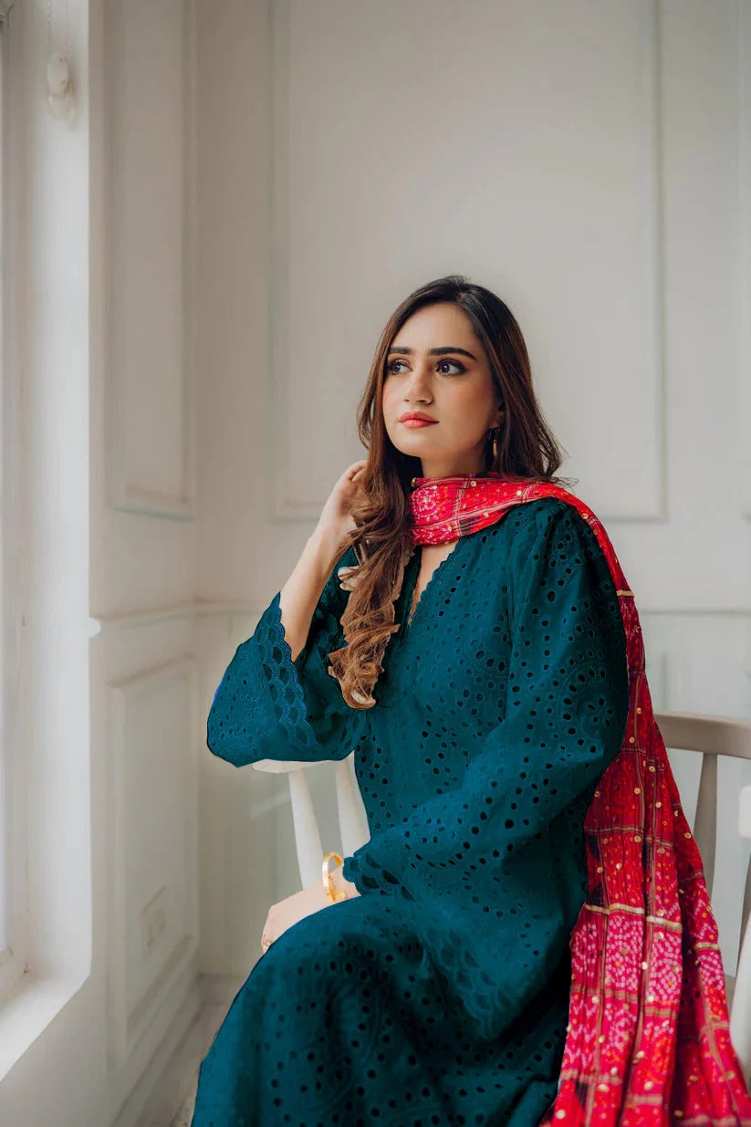 RARE-3PC CHIKANKAARI LAWN EMBROIDERED SHIRT WITH CHUNRI PRINT DUPATTA AND TROUSER-