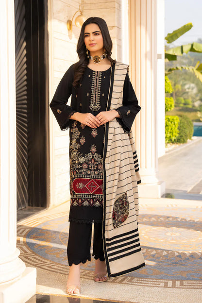 RARE-3PC DHANAK EMBROIDERED SHIRT WITH HEAVY CUTWORK EMBROIDERED JACQUARD WOOL SHAWL -1521