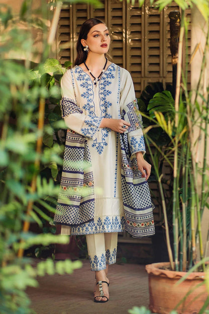 RARE 3PC LAWN EMBROIDERED SHIRT WITH MONARK PRINTED DUPATTA & EMB TROUSER-3622