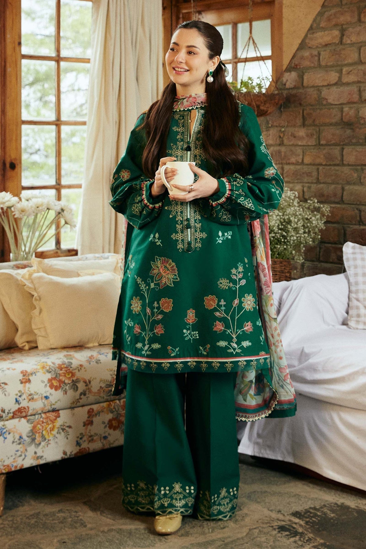 RARE-3PC LAWN EMBROIDERED SHIRT WITH MONARK PRINT DUPATTA & EMBROIDERED TROUSER-3545