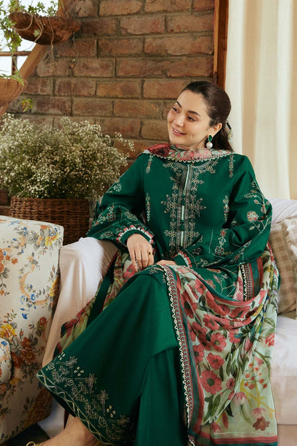 RARE-3PC LAWN EMBROIDERED SHIRT WITH MONARK PRINT DUPATTA & EMBROIDERED TROUSER-3545