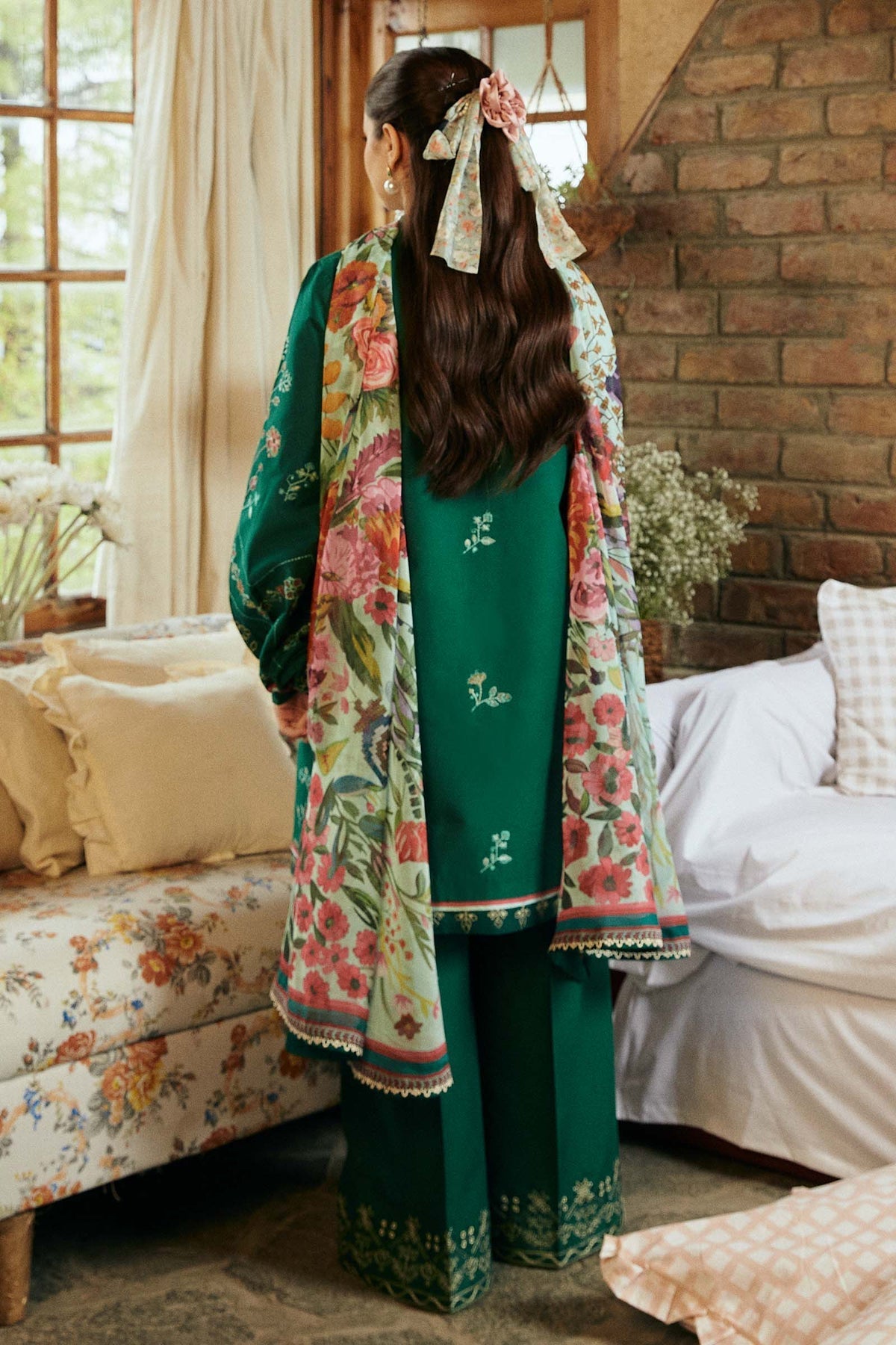 RARE-3PC LAWN EMBROIDERED SHIRT WITH MONARK PRINT DUPATTA & EMBROIDERED TROUSER-3545